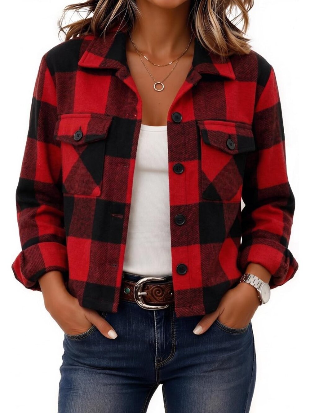 Flannels for Women Cropped Shacket Jacket Fashion Plaid Fall Coat